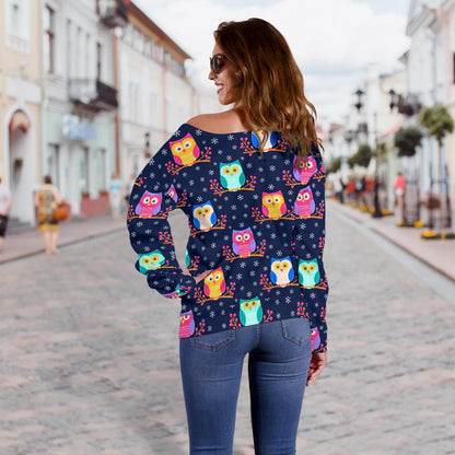 Owl Cute Themed Design Print Off Shoulder Sweatshirt