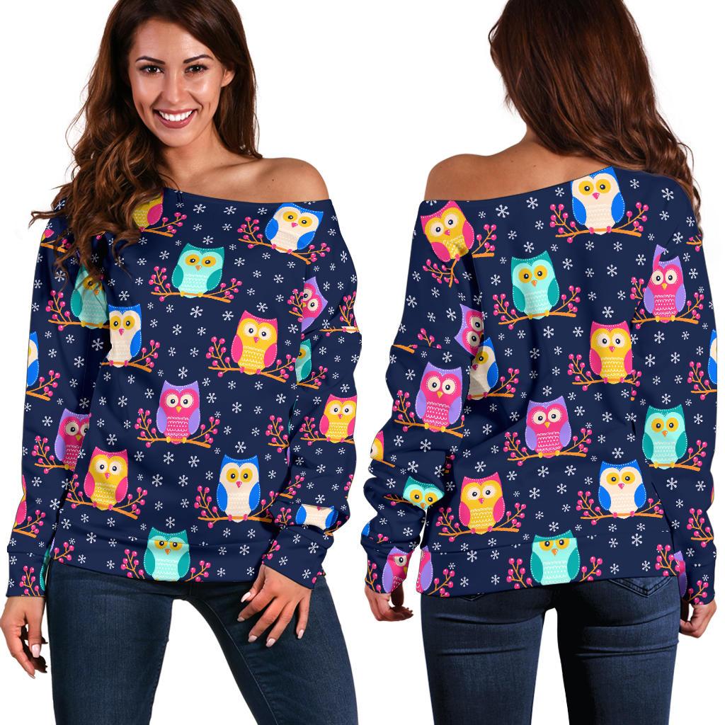 Owl Cute Themed Design Print Off Shoulder Sweatshirt