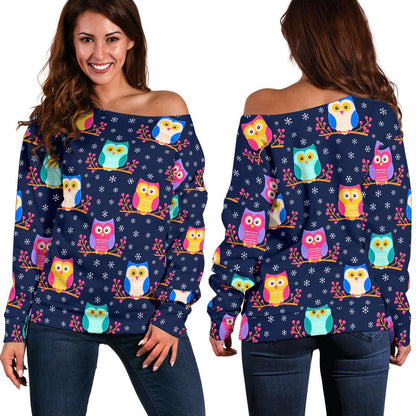 Owl Cute Themed Design Print Off Shoulder Sweatshirt