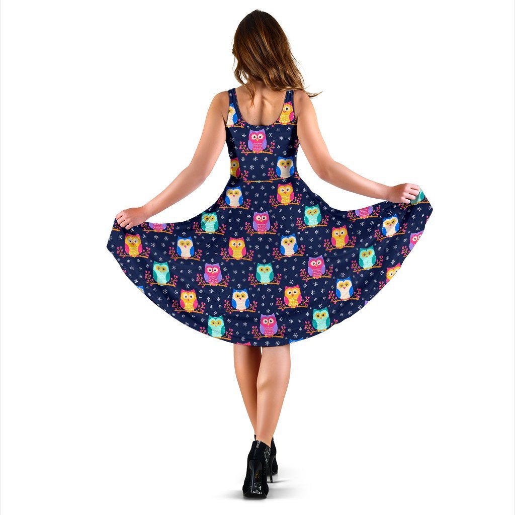 Owl Cute Themed Design Print Sleeveless Dress