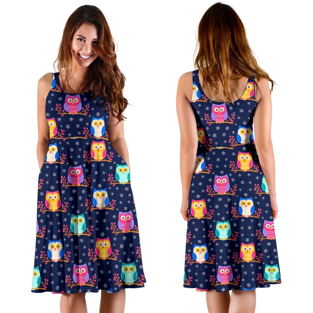 Owl Cute Themed Design Print Sleeveless Dress