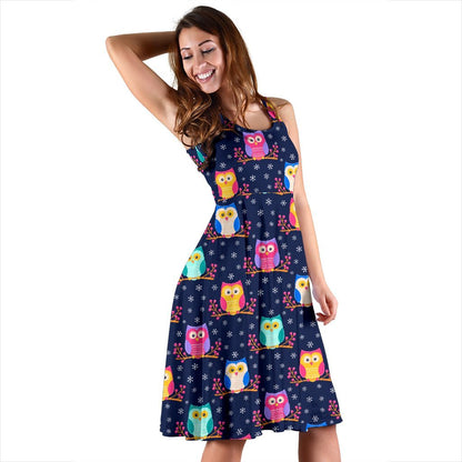 Owl Cute Themed Design Print Sleeveless Dress