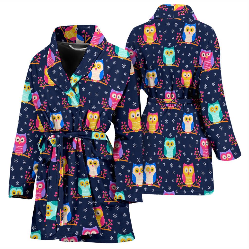 Owl Cute Themed Design Print Women Bath Robe-JTAMIGO.COM