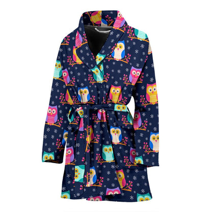 Owl Cute Themed Design Print Women Bath Robe-JTAMIGO.COM