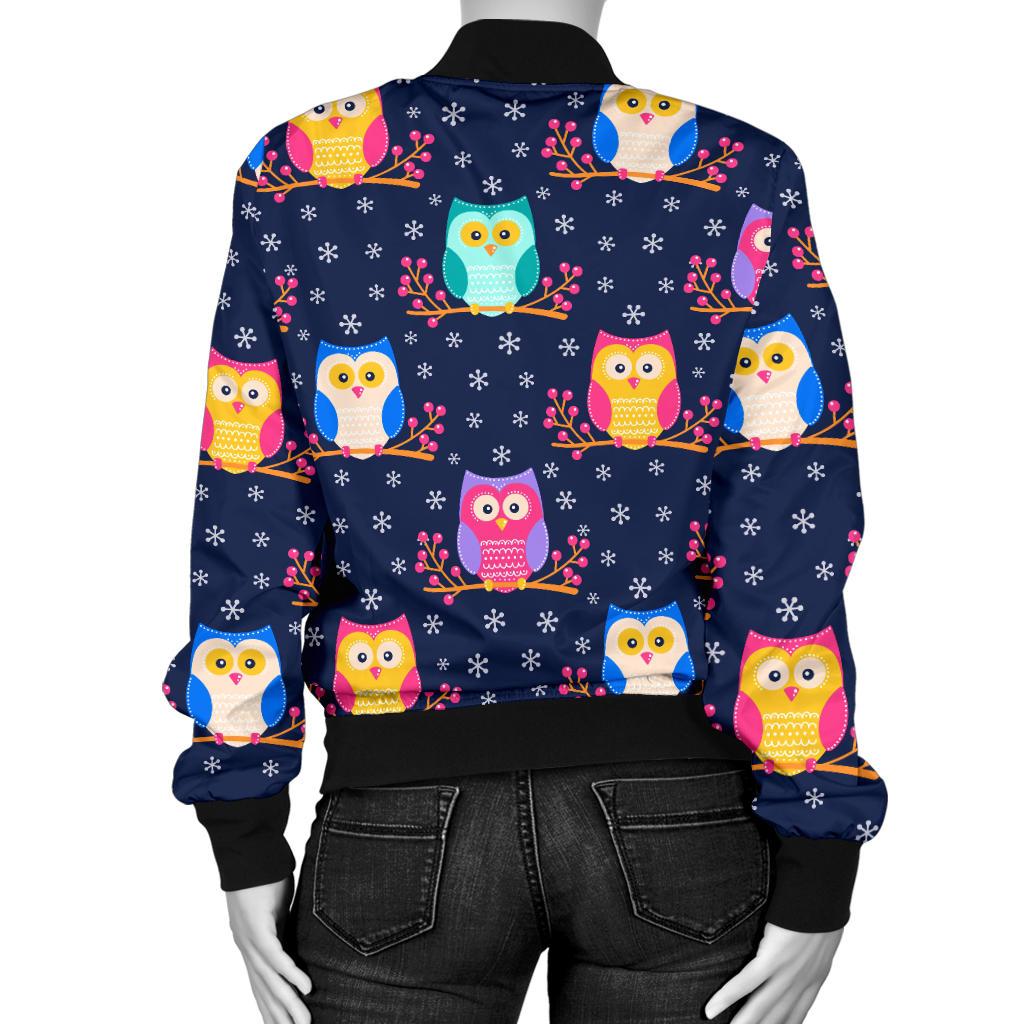 Owl Cute Themed Design Print Women Casual Bomber Jacket