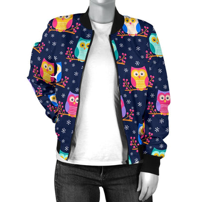Owl Cute Themed Design Print Women Casual Bomber Jacket