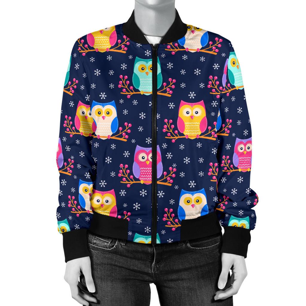 Owl Cute Themed Design Print Women Casual Bomber Jacket