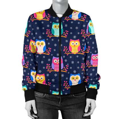 Owl Cute Themed Design Print Women Casual Bomber Jacket