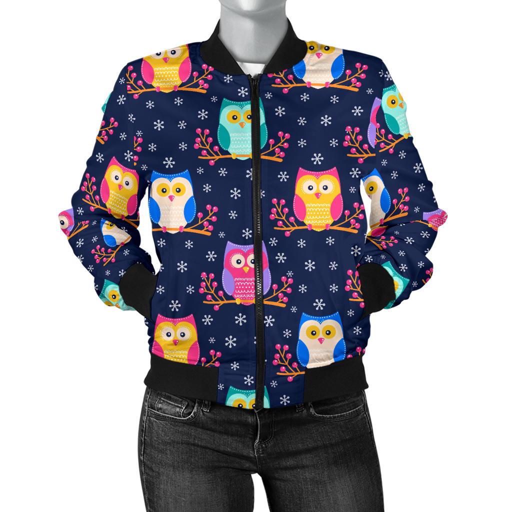 Owl Cute Themed Design Print Women Casual Bomber Jacket