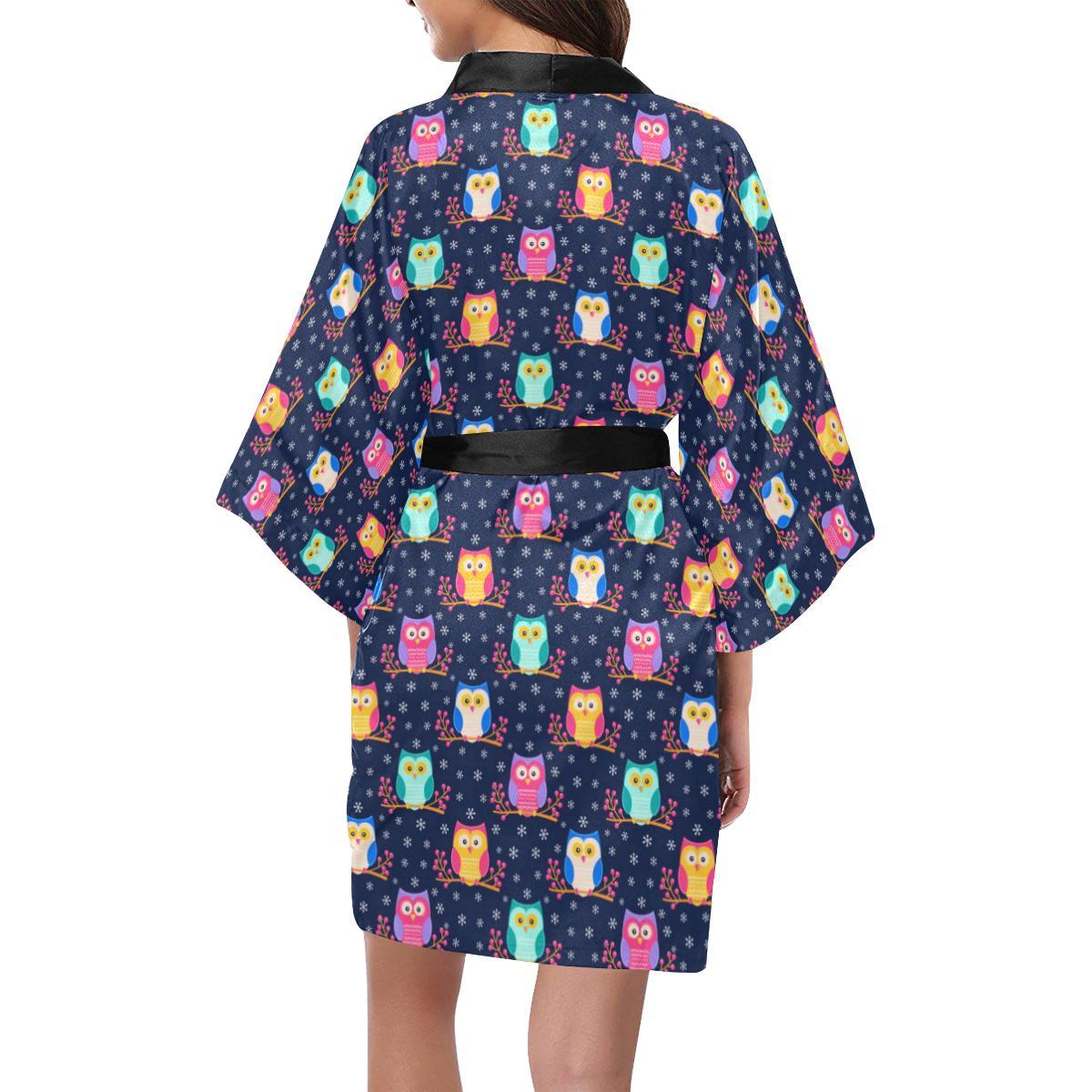 Owl Cute Themed Design Print Women Short Kimono Robe