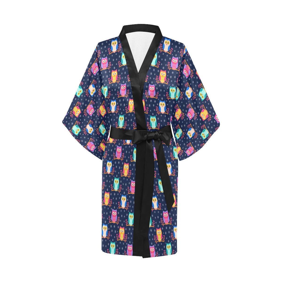 Owl Cute Themed Design Print Women Short Kimono Robe