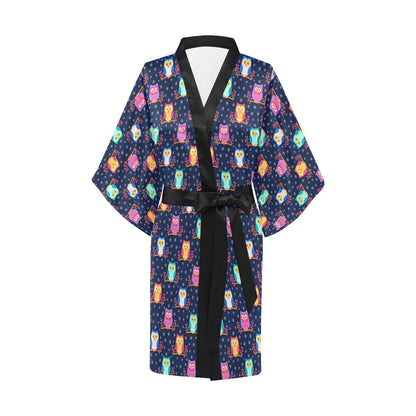 Owl Cute Themed Design Print Women Short Kimono Robe