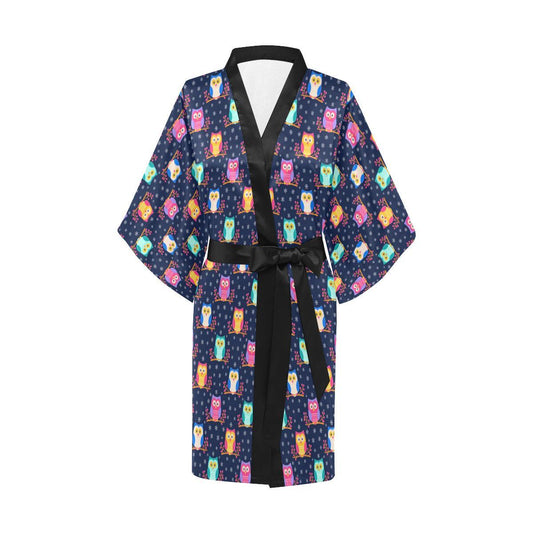 Owl Cute Themed Design Print Women Short Kimono Robe