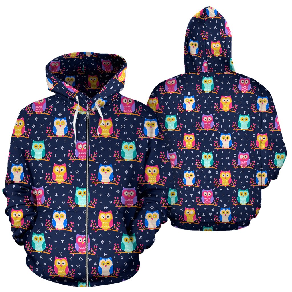 Owl Cute Themed Design Print Zip Up Hoodie