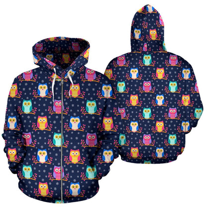 Owl Cute Themed Design Print Zip Up Hoodie