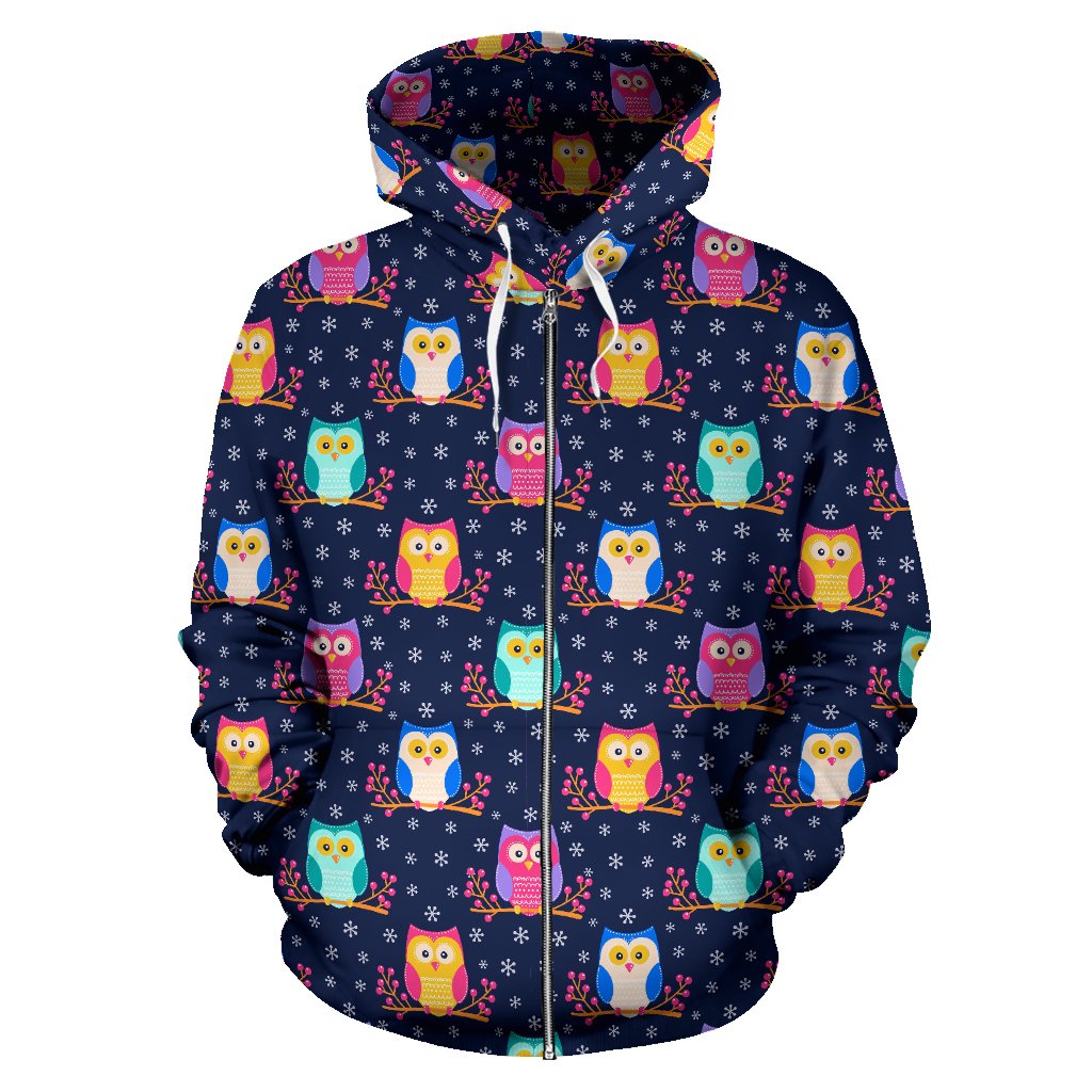 Owl Cute Themed Design Print Zip Up Hoodie