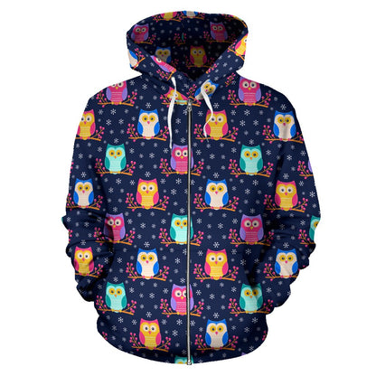 Owl Cute Themed Design Print Zip Up Hoodie