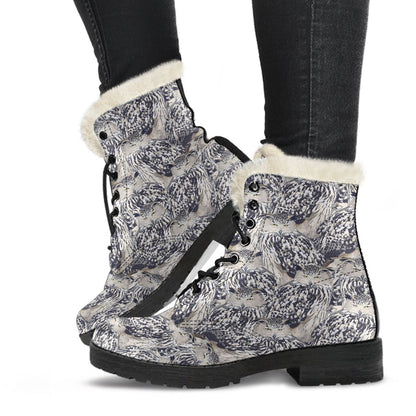 Owl Realistic Themed Design Print Faux Fur Leather Boots-JTAMIGO.COM