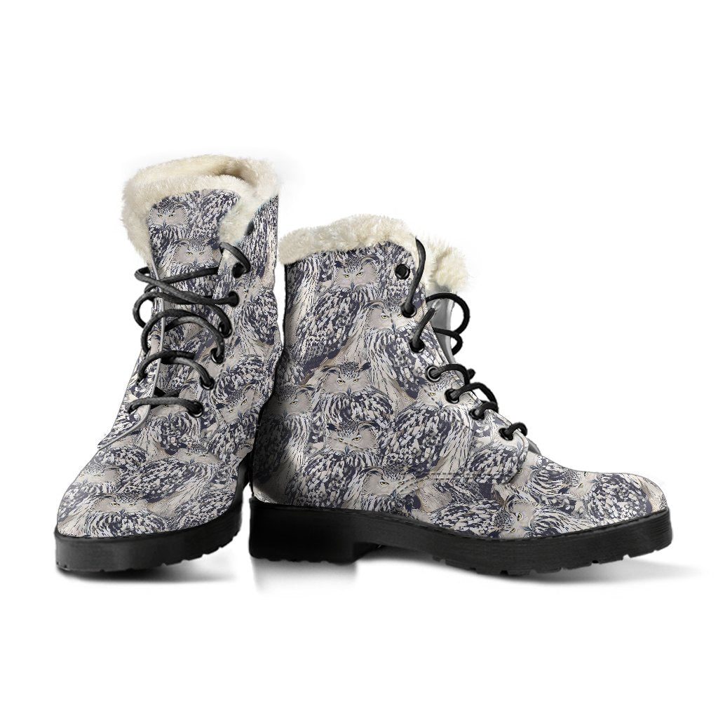 Owl Realistic Themed Design Print Faux Fur Leather Boots-JTAMIGO.COM