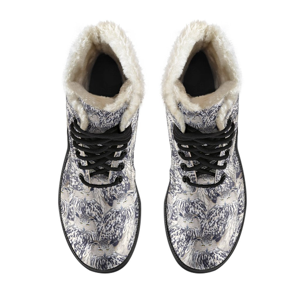 Owl Realistic Themed Design Print Faux Fur Leather Boots-JTAMIGO.COM