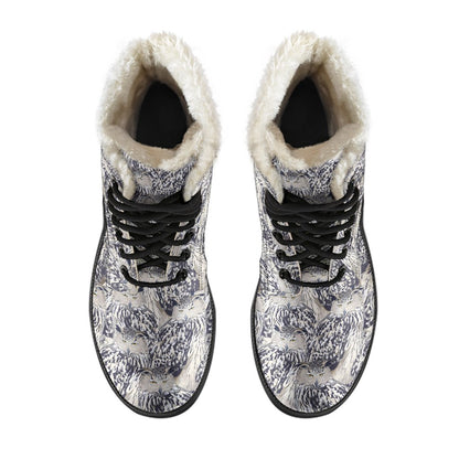 Owl Realistic Themed Design Print Faux Fur Leather Boots-JTAMIGO.COM