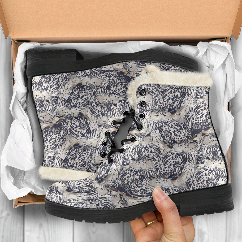 Owl Realistic Themed Design Print Faux Fur Leather Boots-JTAMIGO.COM
