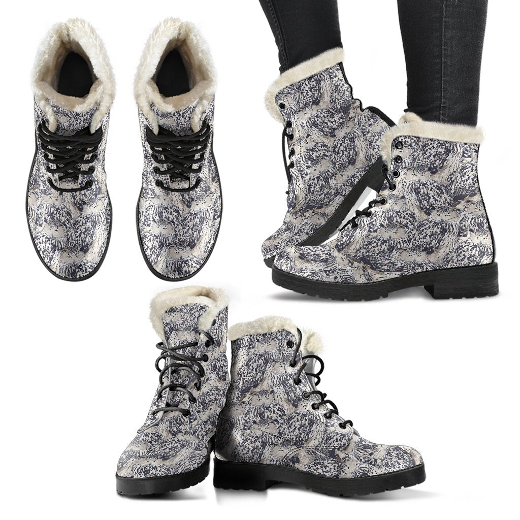 Owl Realistic Themed Design Print Faux Fur Leather Boots-JTAMIGO.COM