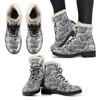 Owl Realistic Themed Design Print Faux Fur Leather Boots-JTAMIGO.COM