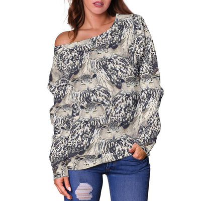 Owl Realistic Themed Design Print Off Shoulder Sweatshirt