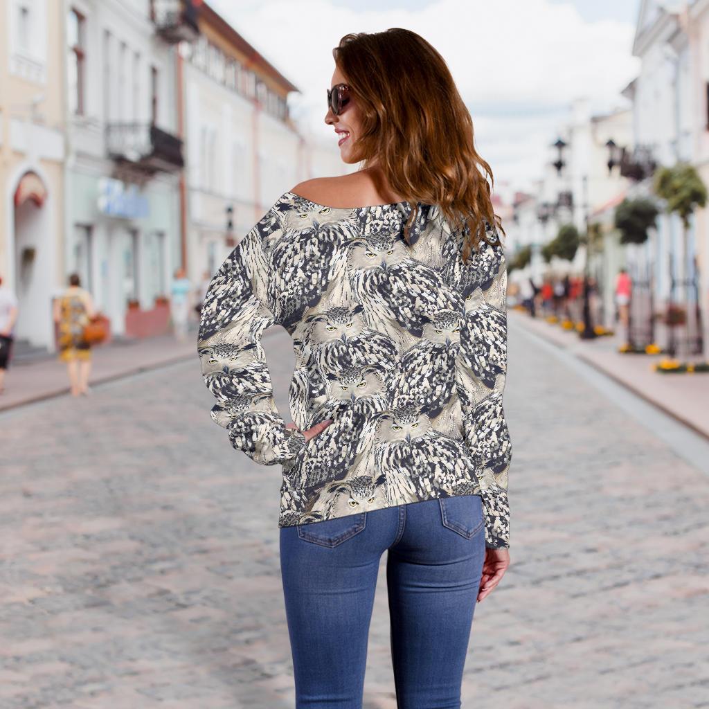Owl Realistic Themed Design Print Off Shoulder Sweatshirt