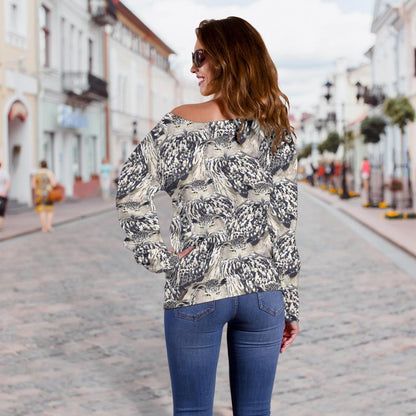 Owl Realistic Themed Design Print Off Shoulder Sweatshirt