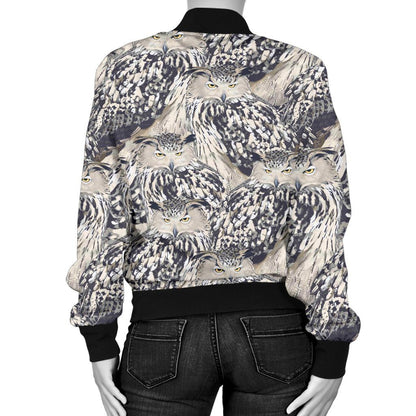 Owl Realistic Themed Design Print Women Casual Bomber Jacket
