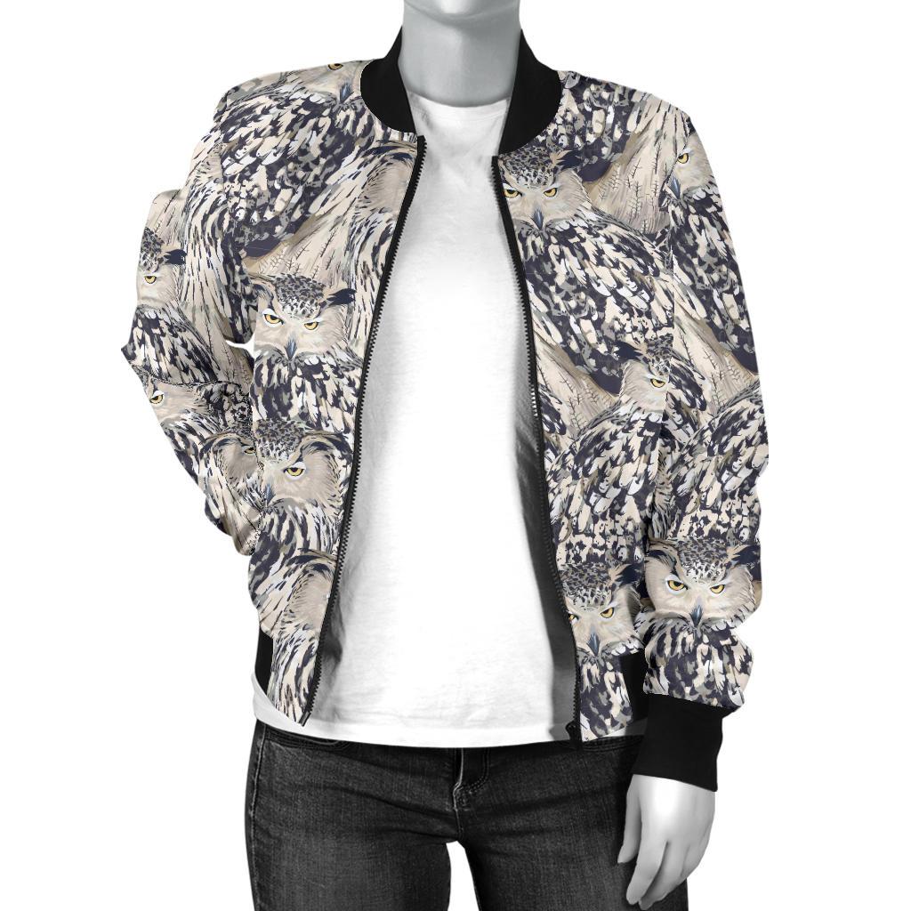 Owl Realistic Themed Design Print Women Casual Bomber Jacket