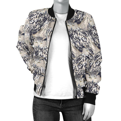 Owl Realistic Themed Design Print Women Casual Bomber Jacket