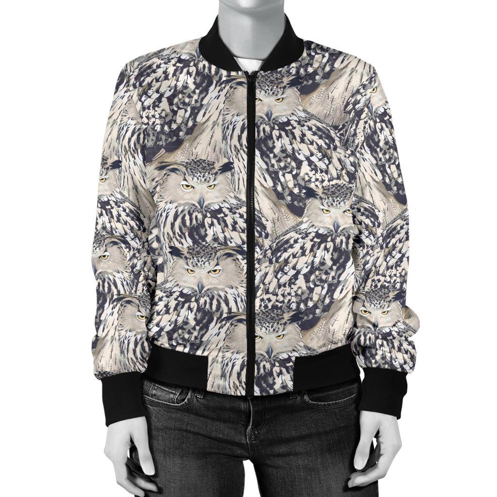 Owl Realistic Themed Design Print Women Casual Bomber Jacket