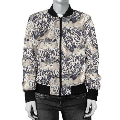 Owl Realistic Themed Design Print Women Casual Bomber Jacket
