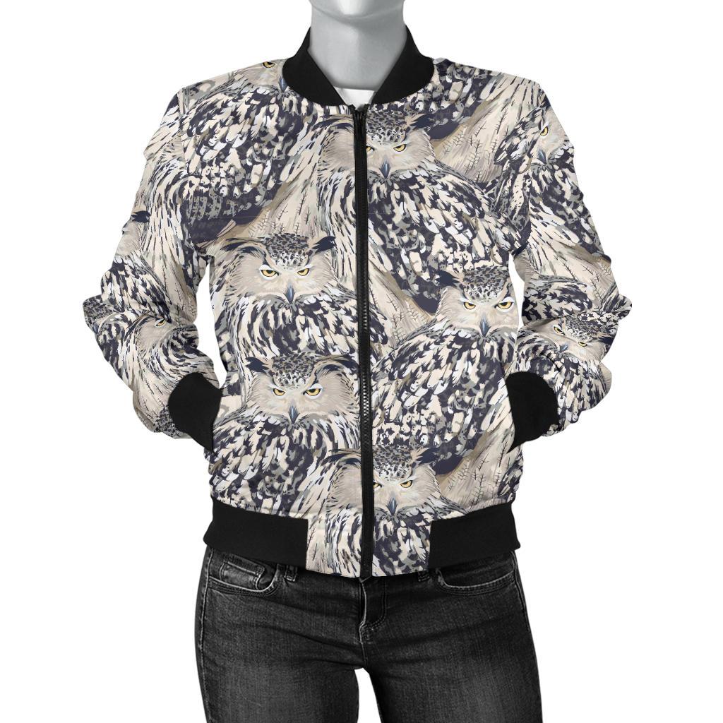 Owl Realistic Themed Design Print Women Casual Bomber Jacket