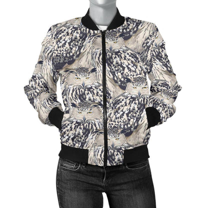 Owl Realistic Themed Design Print Women Casual Bomber Jacket
