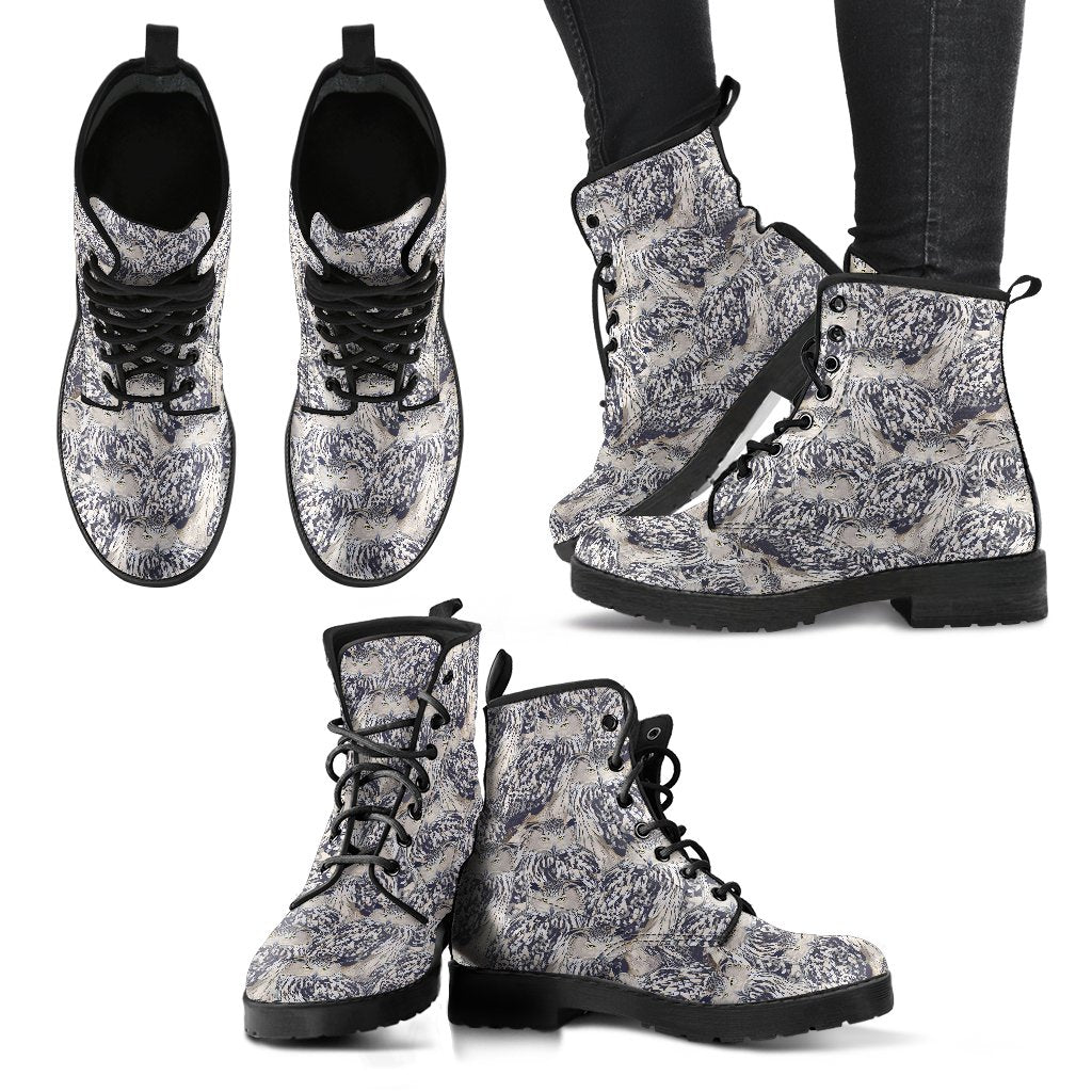 Owl Realistic Themed Design Print Women Leather Boots-JTAMIGO.COM