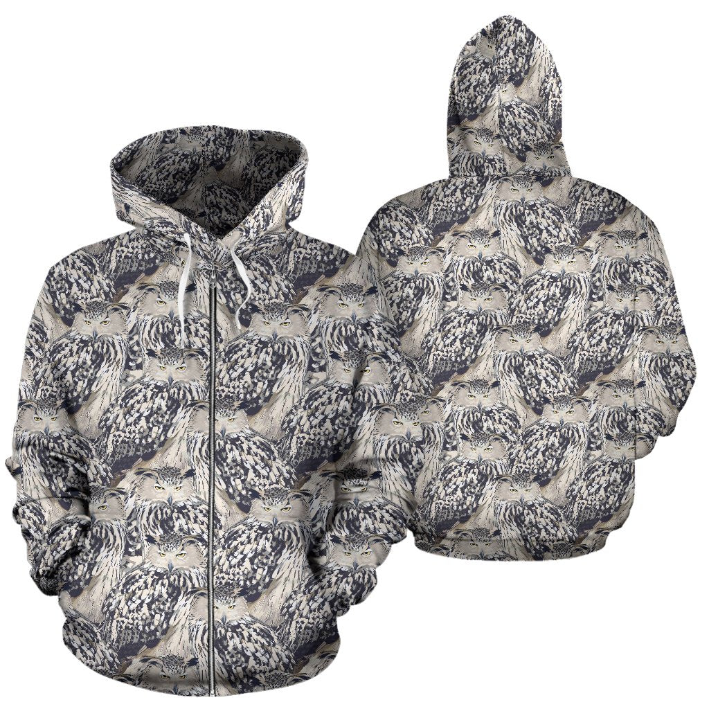 Owl Realistic Themed Design Print Zip Up Hoodie
