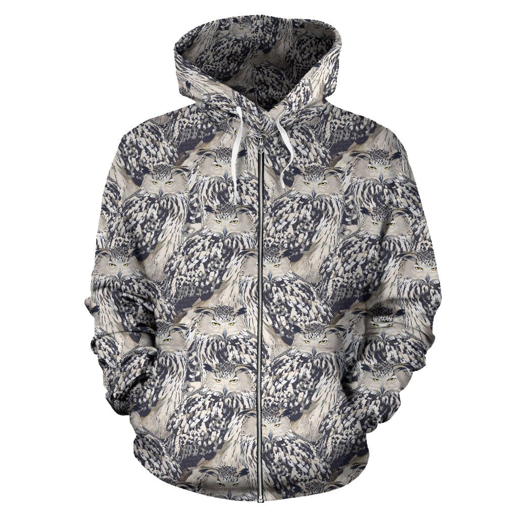 Owl Realistic Themed Design Print Zip Up Hoodie