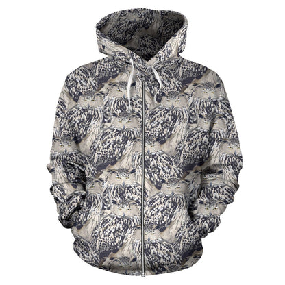 Owl Realistic Themed Design Print Zip Up Hoodie