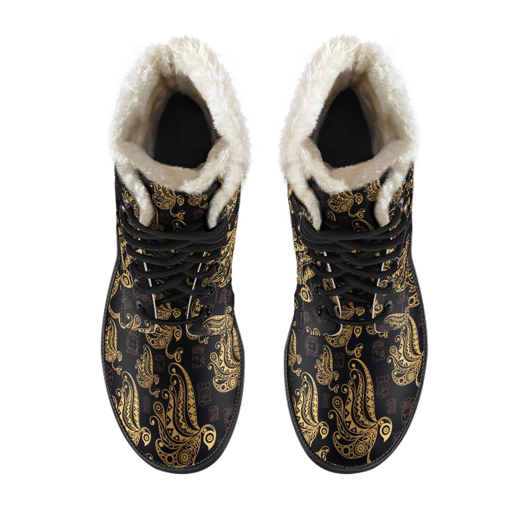 Owl Tribal Polynesian Design Print Faux Fur Leather Boots-JTAMIGO.COM