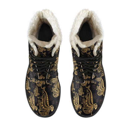 Owl Tribal Polynesian Design Print Faux Fur Leather Boots-JTAMIGO.COM
