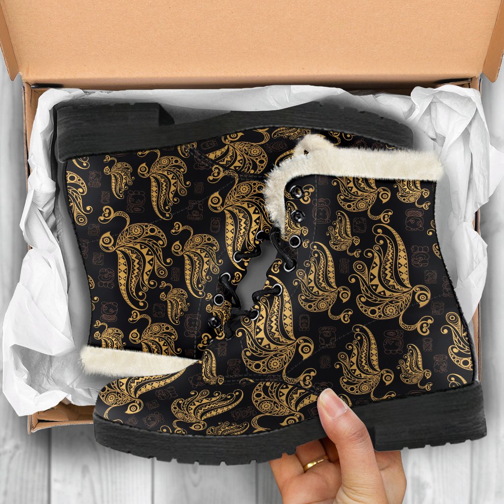 Owl Tribal Polynesian Design Print Faux Fur Leather Boots-JTAMIGO.COM