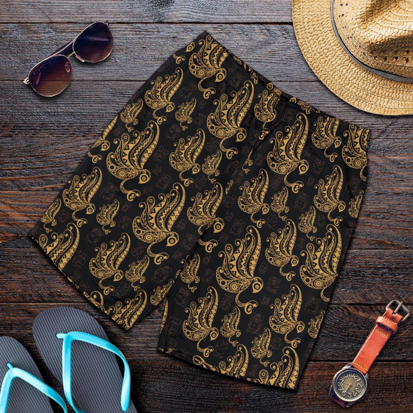 Owl Tribal Polynesian Design Print Mens Shorts-JTAMIGO.COM