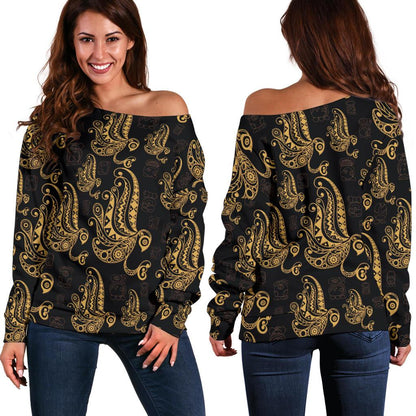 Owl Tribal Polynesian Design Print Off Shoulder Sweatshirt