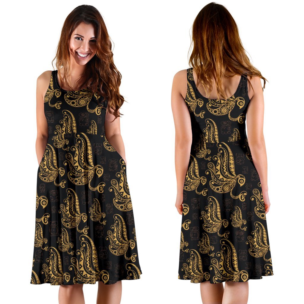 Owl Tribal Polynesian Design Print Sleeveless Dress