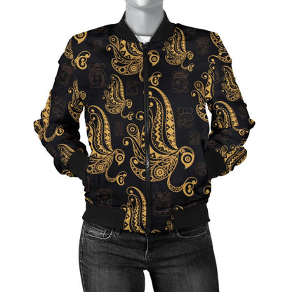 Owl Tribal Polynesian Design Print Women Casual Bomber Jacket