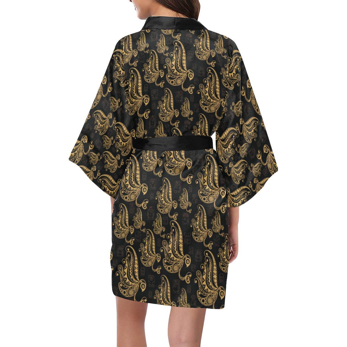 Owl Tribal Polynesian Design Print Women Short Kimono Robe